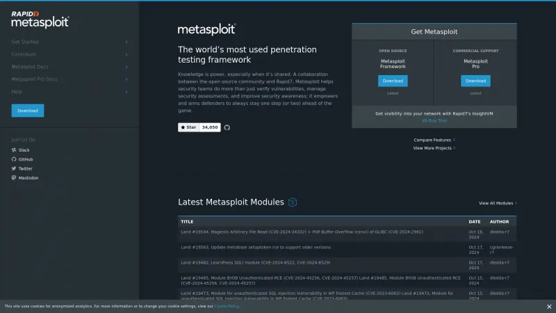 Homepage of Metasploit