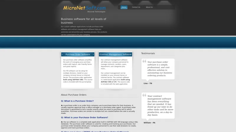 Homepage of Micronet Purchase Order Software