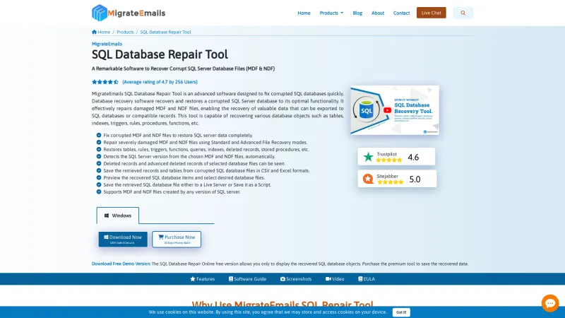 Homepage of MigrateEmails SQL Database Repair Tool