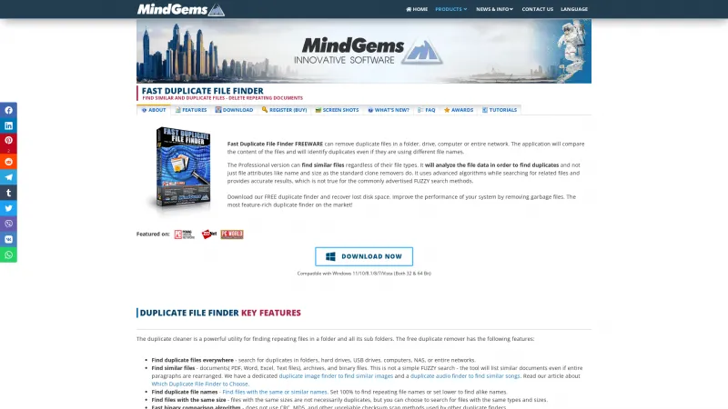 Homepage of MindGems Fast Duplicate File Finder