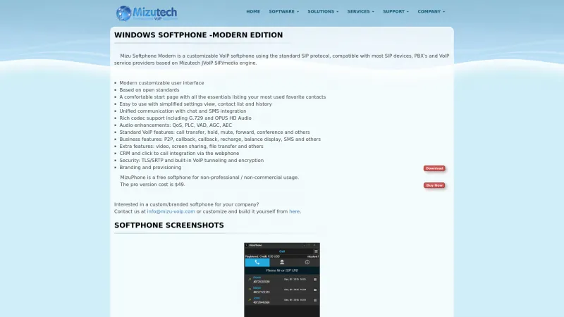 Homepage of Mizu Softphone Modern