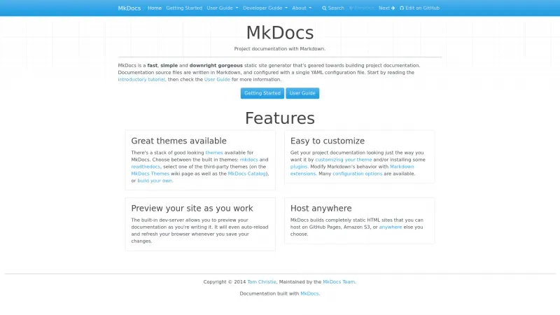 Homepage of MkDocs