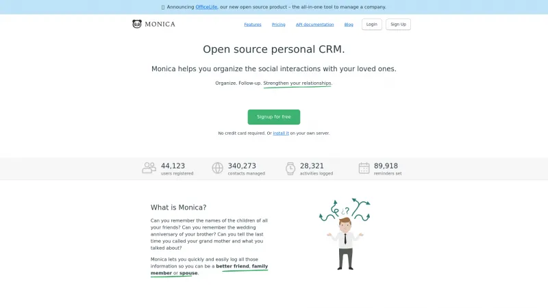 Homepage of Monica CRM