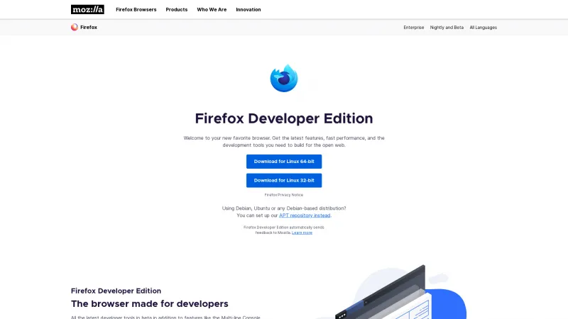 Homepage of Firefox Developer Edition