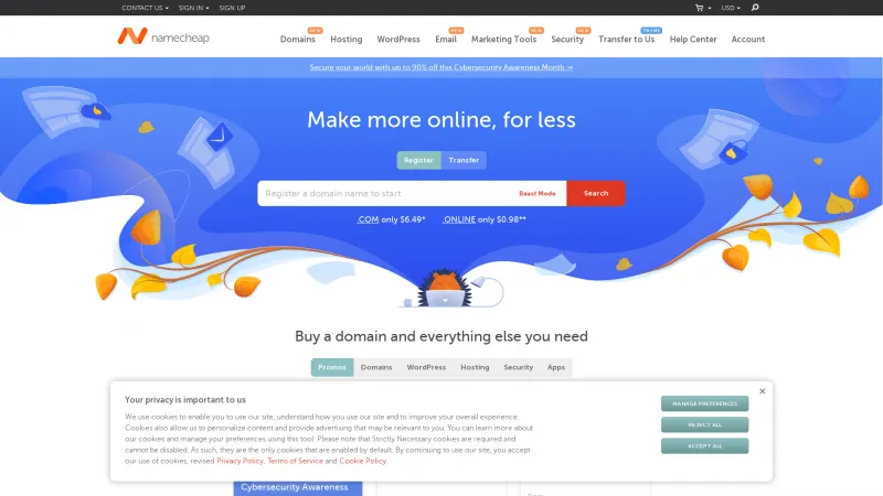 Homepage of Namecheap