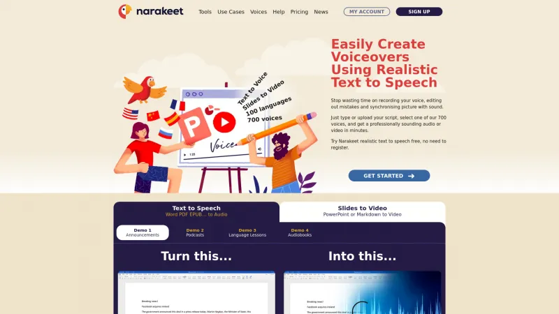 Homepage of Narakeet