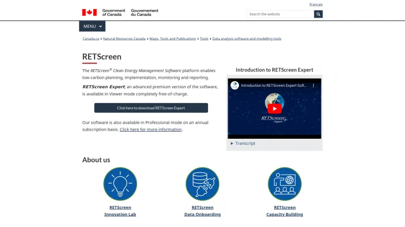 Homepage of RETScreen