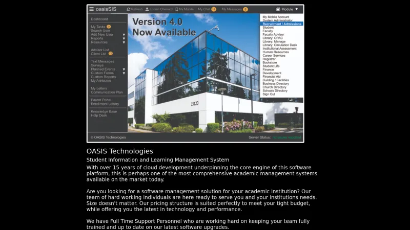 Homepage of OASIS Technologies Management System