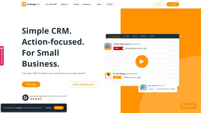 Homepage of OnePageCRM