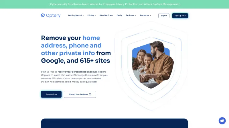 Homepage of Optery