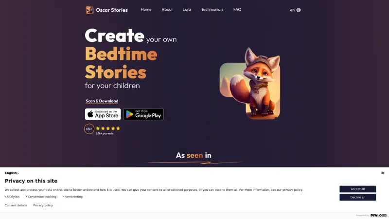 Homepage of Oscar Bedtime Story Generator