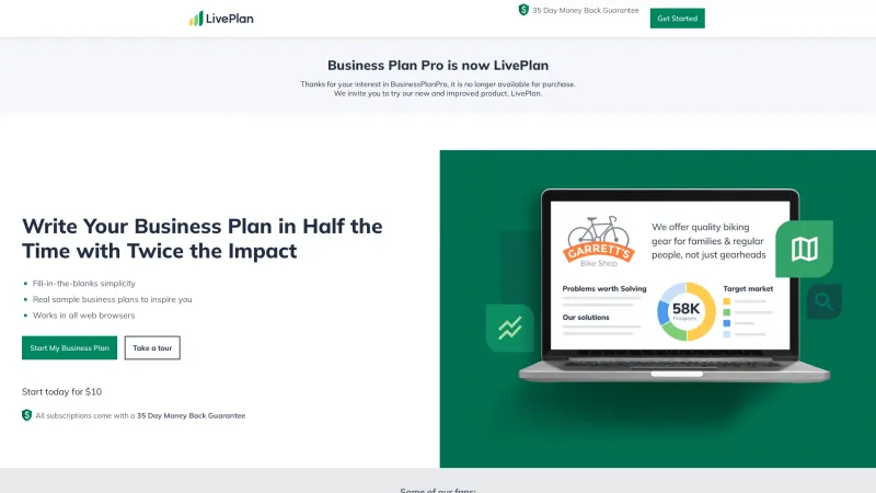 Homepage of Business Plan Pro