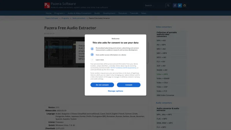 Homepage of Pazera Free Audio Extractor