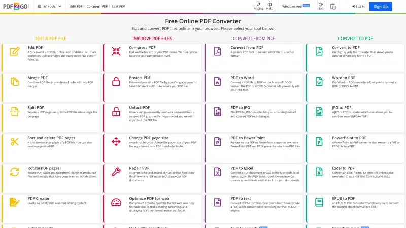 Homepage of PDF2Go