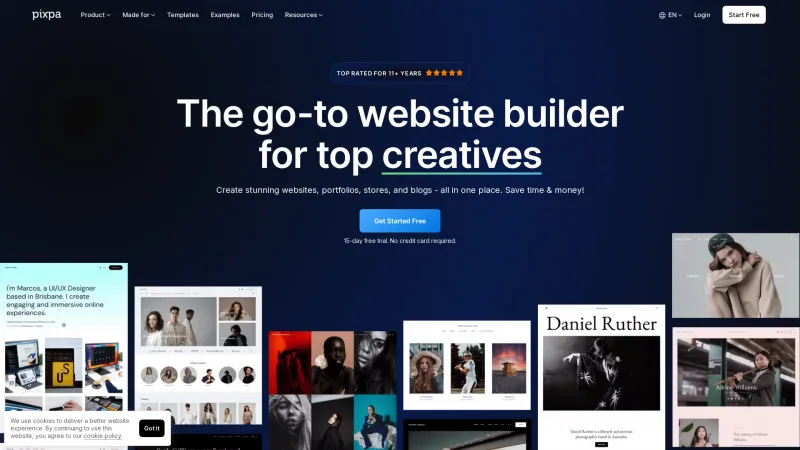 Homepage of Pixpa