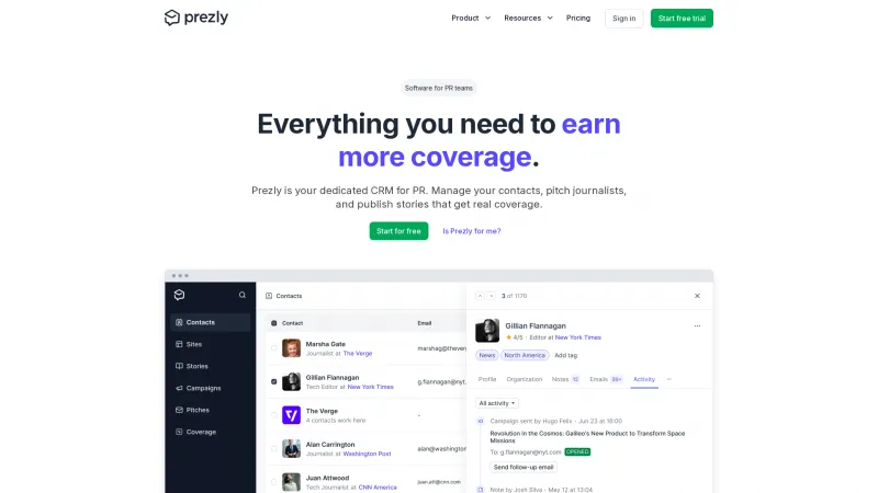 Homepage of Prezly