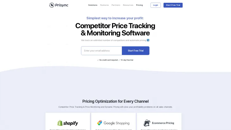 Homepage of Prisync