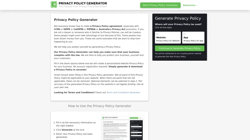 Homepage of Privacy Policy Generator