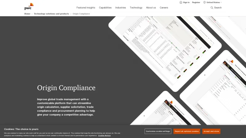 Homepage of PwC Origin Compliance