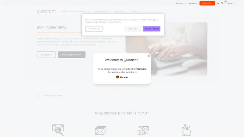 Homepage of Quadient Bulk Mailer SMB