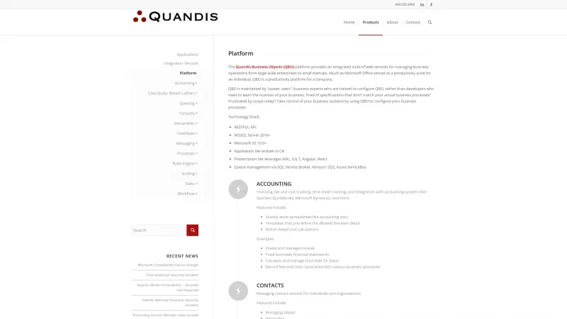 Homepage of Quandis Business Objects