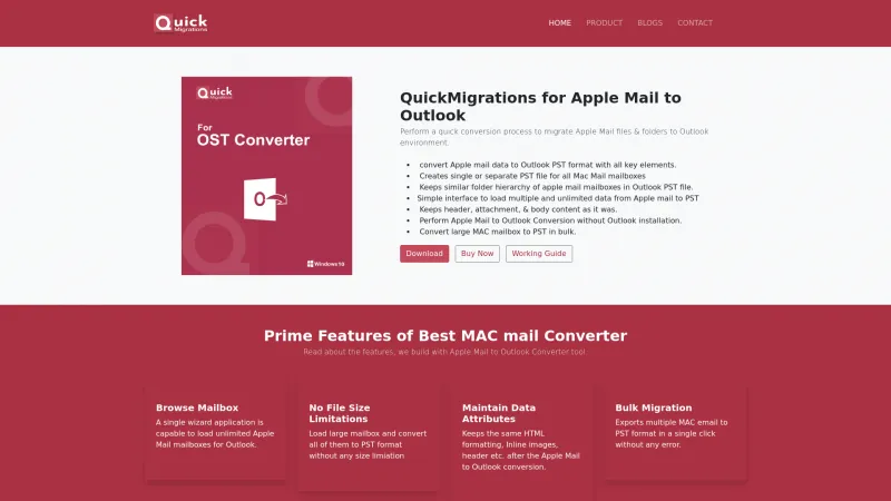 Homepage of QuickMigrations Apple Mail to Outlook