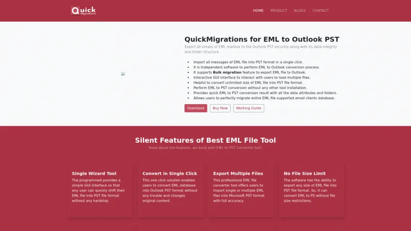 Homepage of QuickMigrations for EML to PST