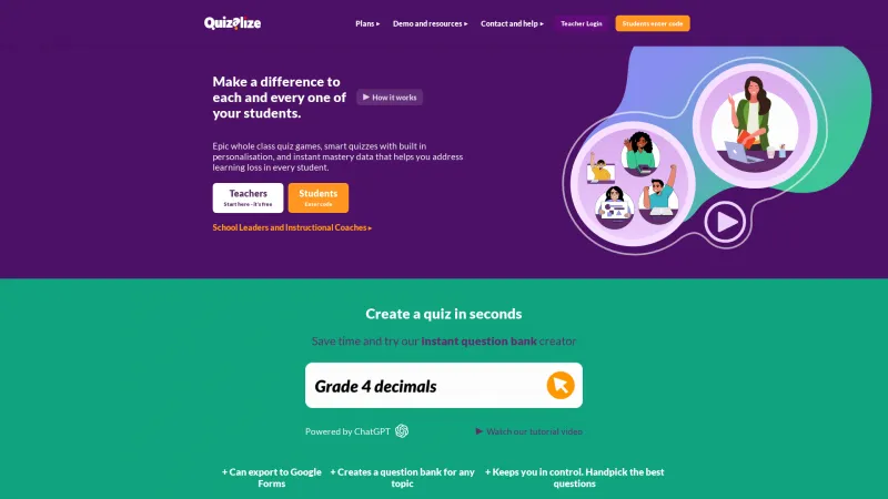 Homepage of Quizalize