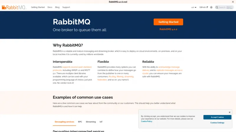 Homepage of RabbitMQ