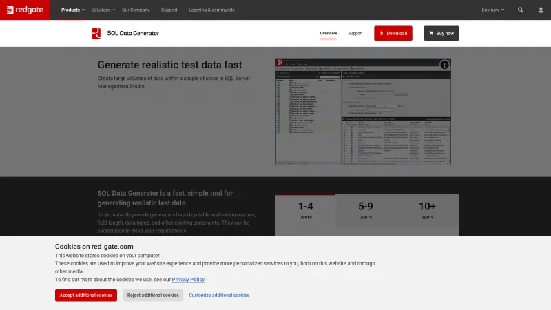 Homepage of Redgate SQL Data Generator