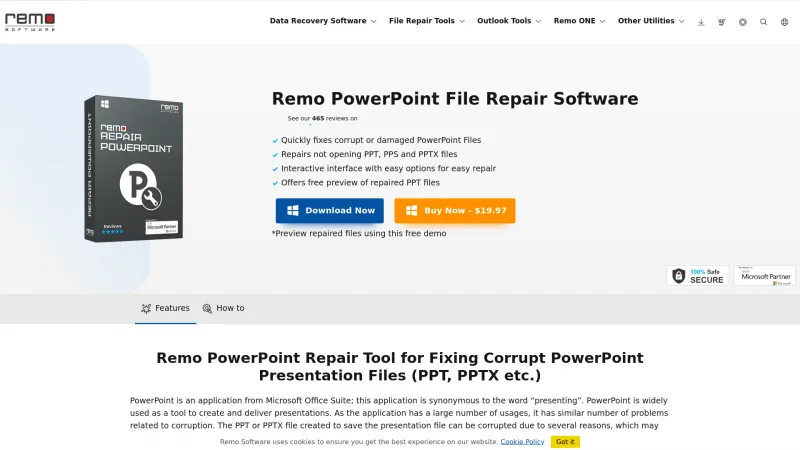 Homepage of Remo Repair PowerPoint