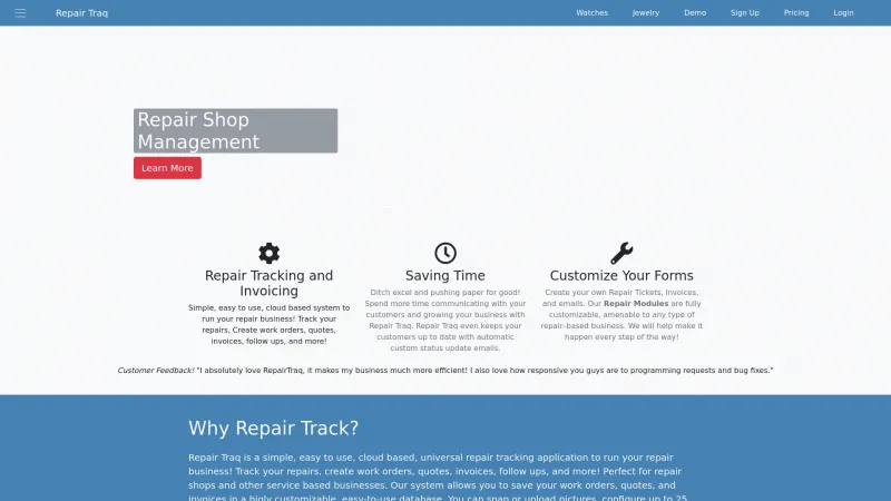 Homepage of Repair Traq