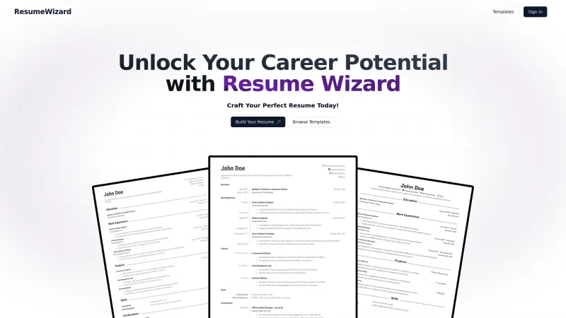 Homepage of Resume Wizard