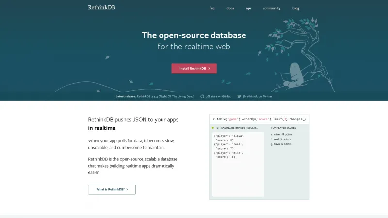 Homepage of RethinkDB