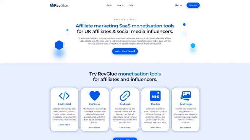 Homepage of RevGlue