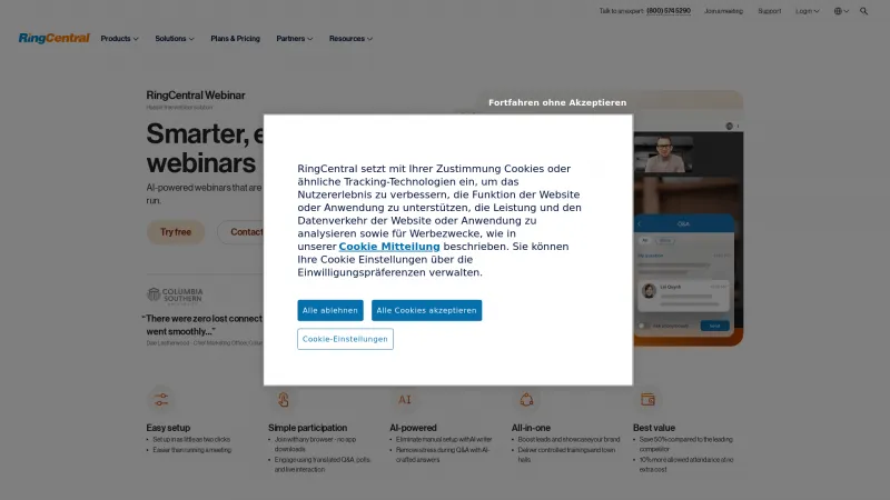 Homepage of RingCentral Webinar