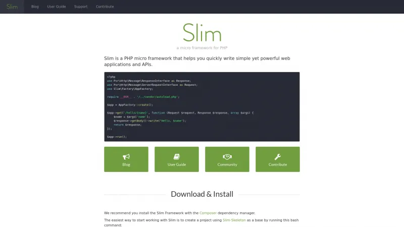 Homepage of Slim Framework