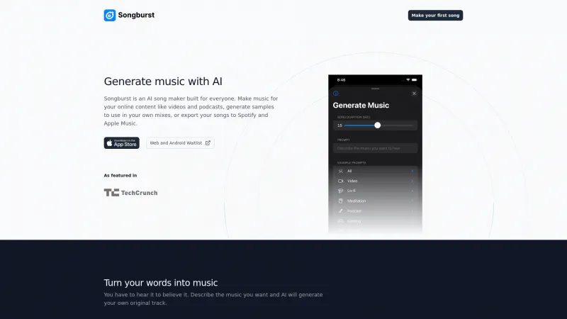 Homepage of Songburst