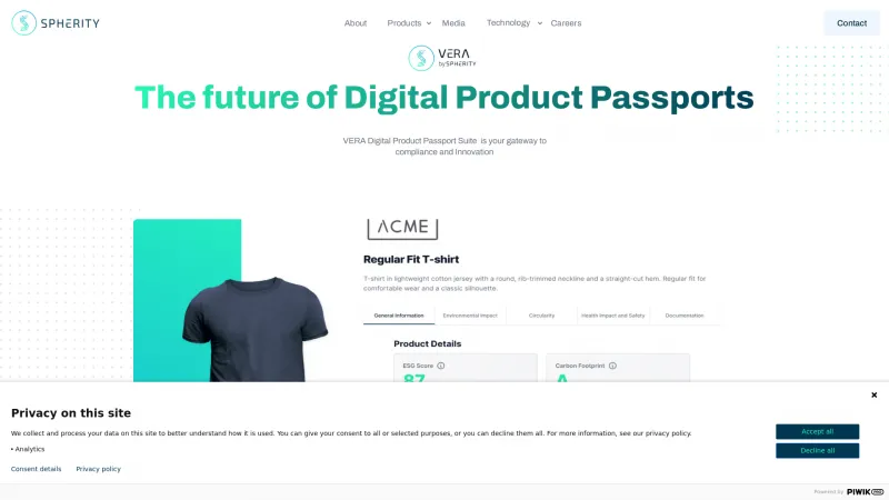 Homepage of Spherity VERA