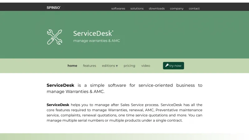 Homepage of Spinso ServiceDesk