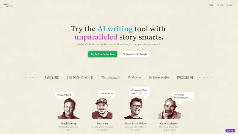 Homepage of Sudowrite