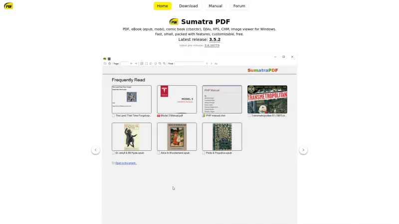 Homepage of Sumatra PDF