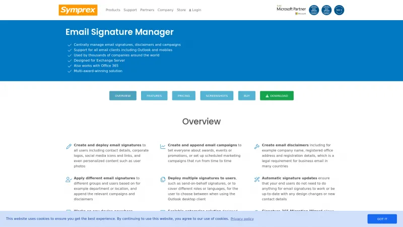 Homepage of Symprex Email Signature Manager