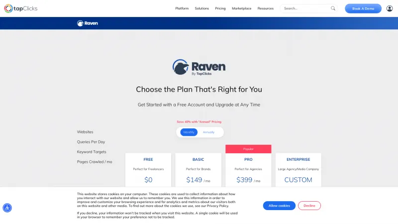 Homepage of Raven by TapClicks