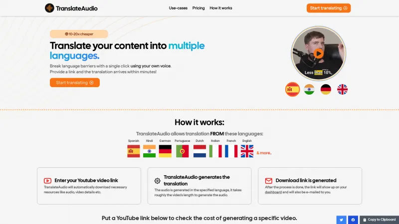 Homepage of TranslateAudio