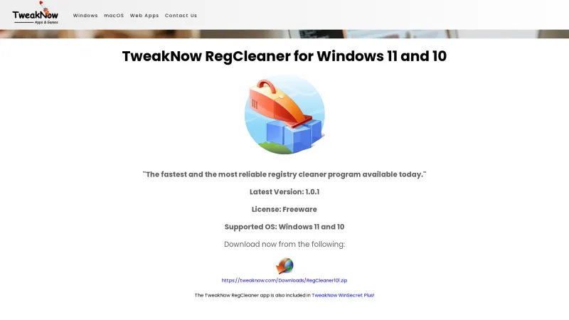 Homepage of TweakNow RegCleaner