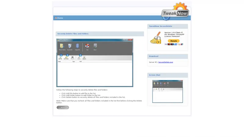 Homepage of TweakNow SecureDelete